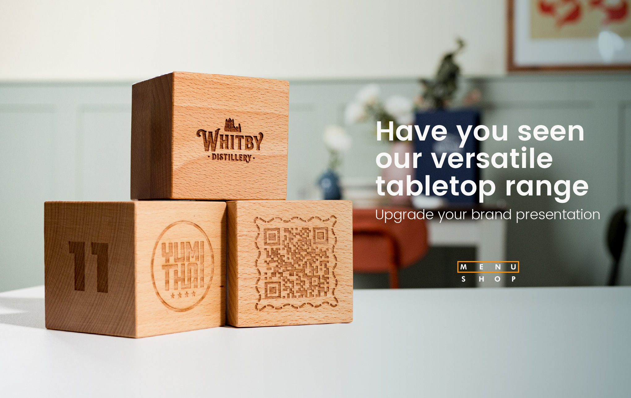 Engraved wooden blocks perfect for QR signs and contactless service