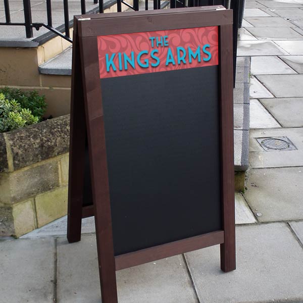 wooden A frames, pavement signs, A boards, chalk signs, outdoor signage, chalk a board, blackboards, chalkboards.